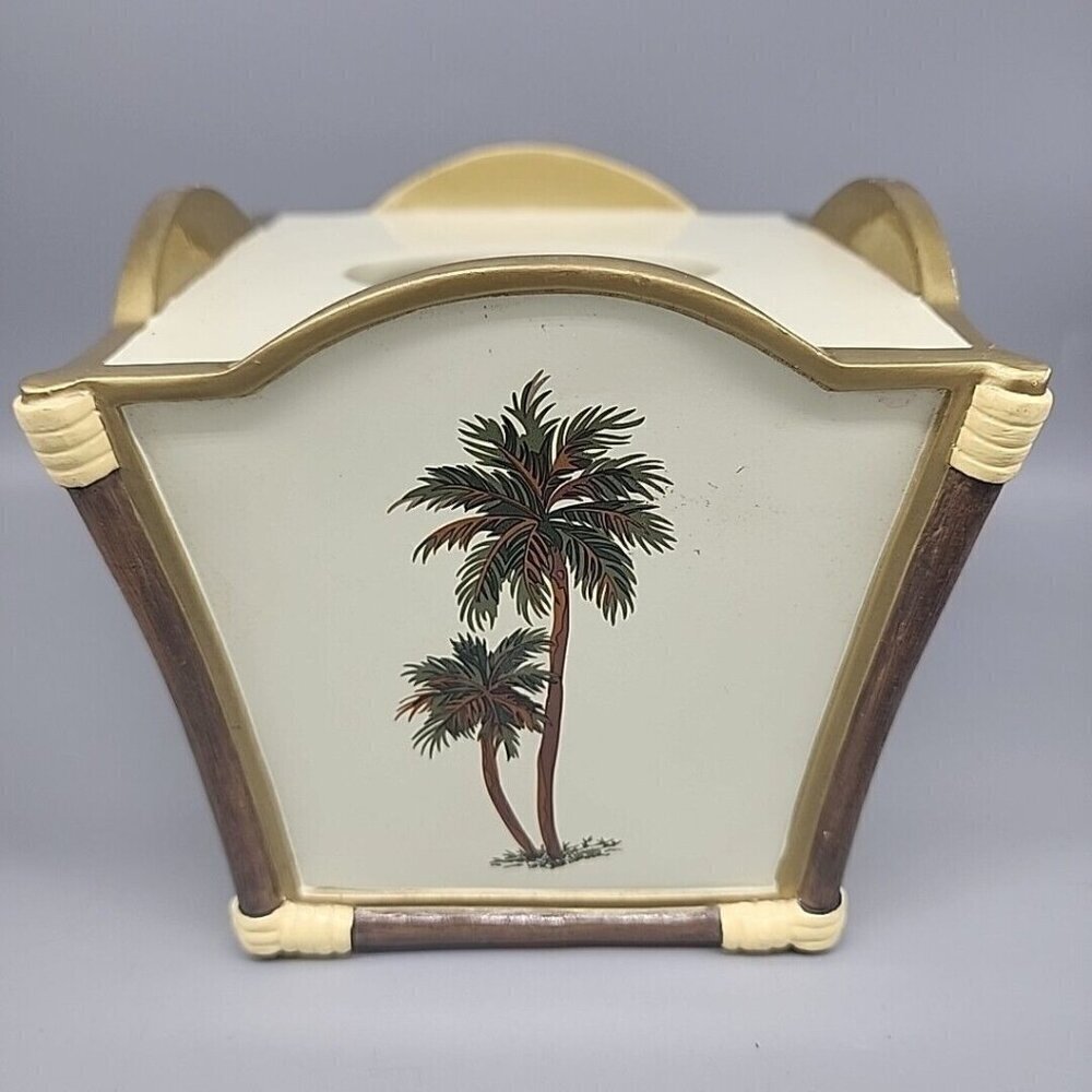 Wamsutta Palm Tree Tissue Box Cover Holder Ivory Gold Green Tropical